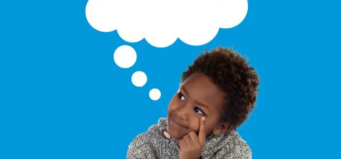 A child thinks with a thought bubble above on a blue background