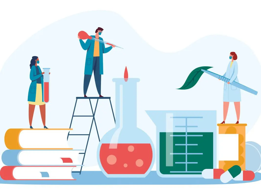 Illustration of biologists examining plants, growing and selection in lab.