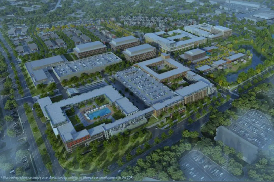 Rendering of large development with housing, office buildings and trees.