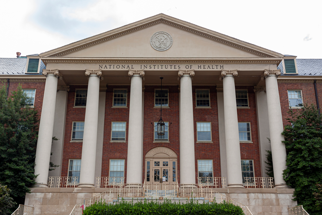The front of the main historical building of the National Institutes of Health in Bethesda.