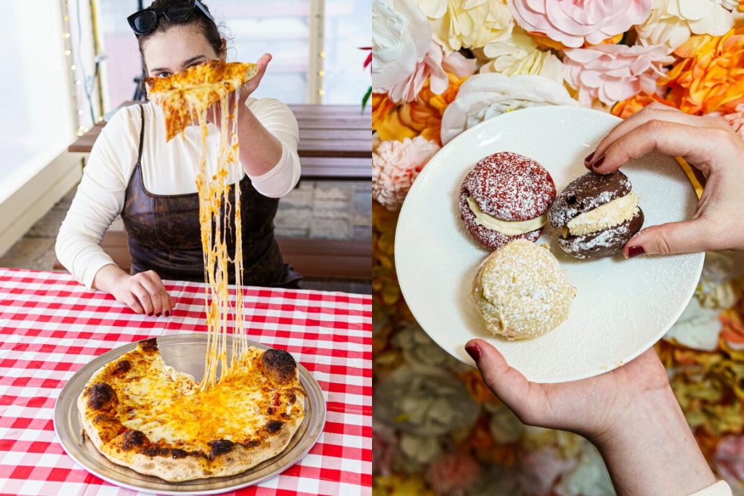 Two images, the one of the left shows a woman holding a slice of pizza with a string of cheese pulling from a pizza pie. The photo of the right shows hands holding a plate with three whoopie pies.