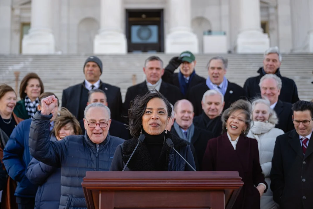 Angela Alsobrooks speaking outside of the Capitol
